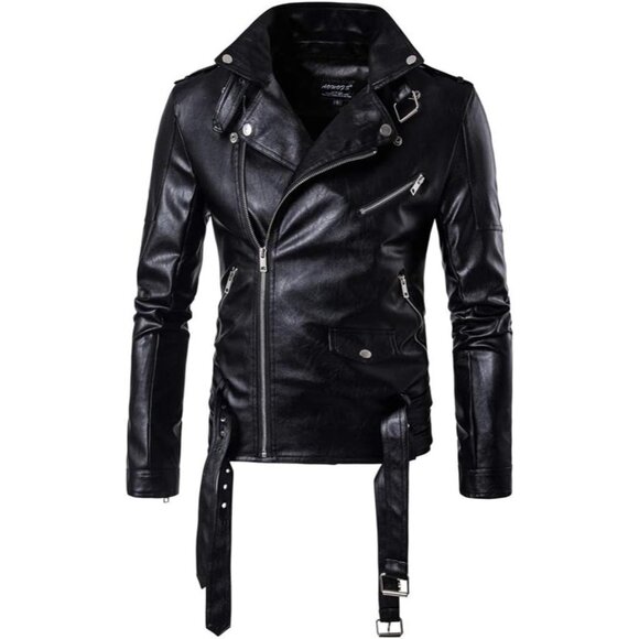 Men Black PU Leather Belted Motorcycle Jacket Zipper Biker Coat - Picture 3 of 6